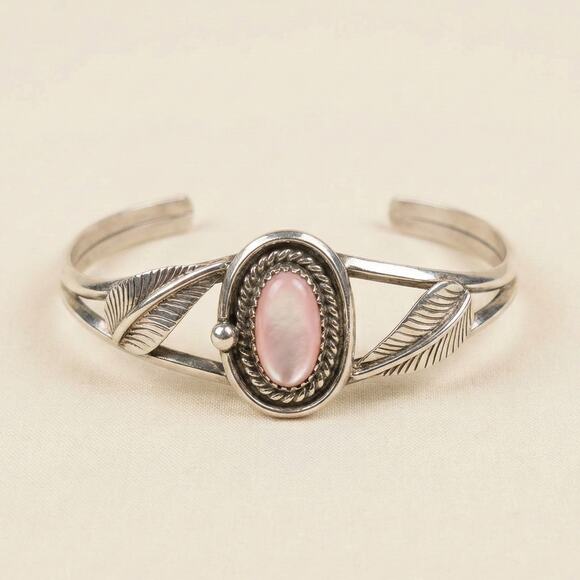 Catbird Jewelry - Vintage 1960s Sterling Silver Pink Opal Leaf Cuff Bracelet